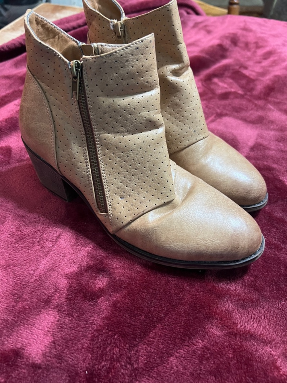 Women's Tan Perforated Ankle Booties - Classic Side-Zip Style
